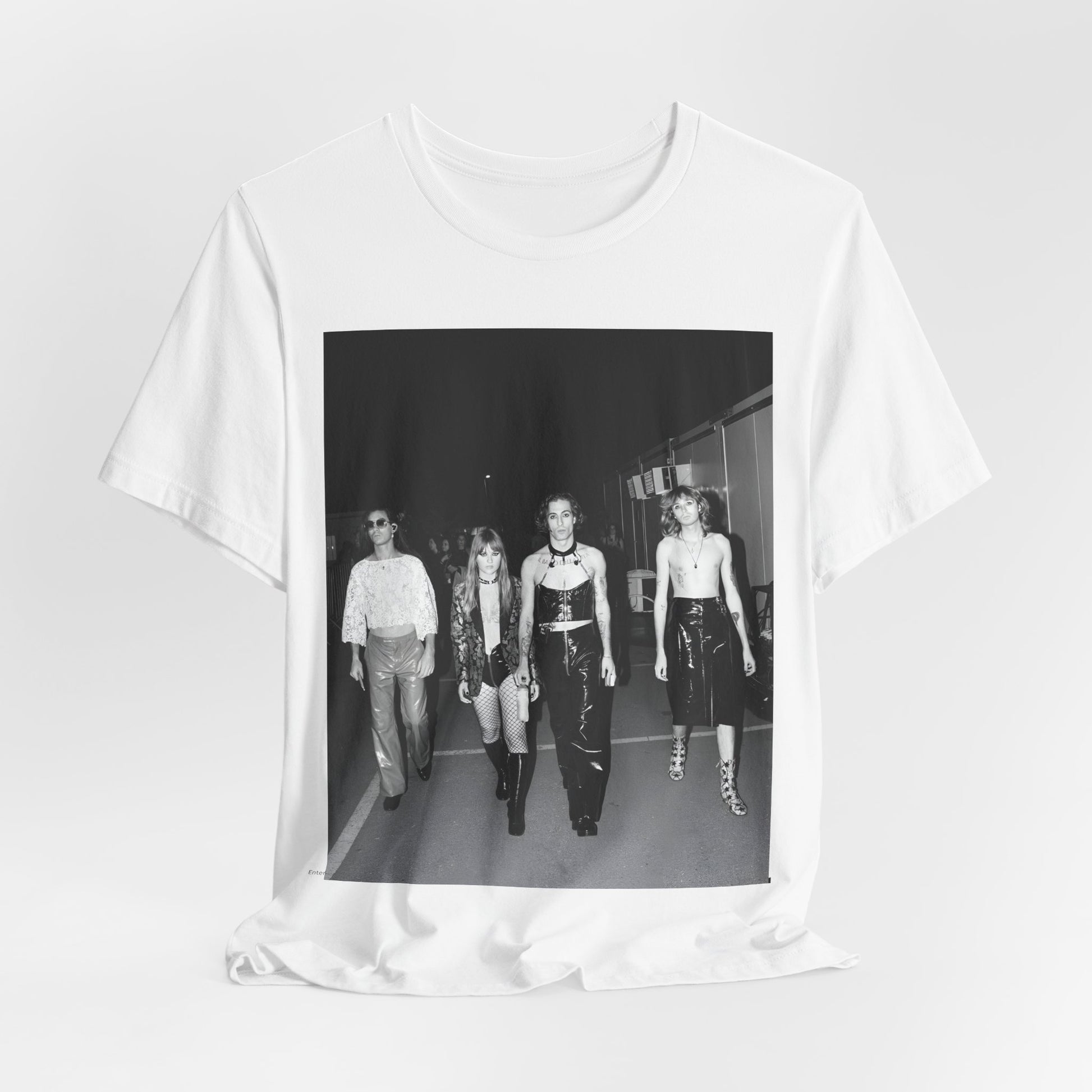 A black graphic t-shirt featuring a black and white, monochrome graphic or photo of Maneskin.