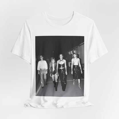 A black graphic t-shirt featuring a black and white, monochrome graphic or photo of Maneskin.