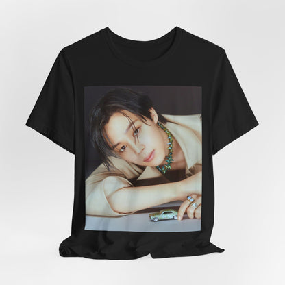 A black graphic t-shirt featuring a retro graphic related to Jimin's 'Filter' era.