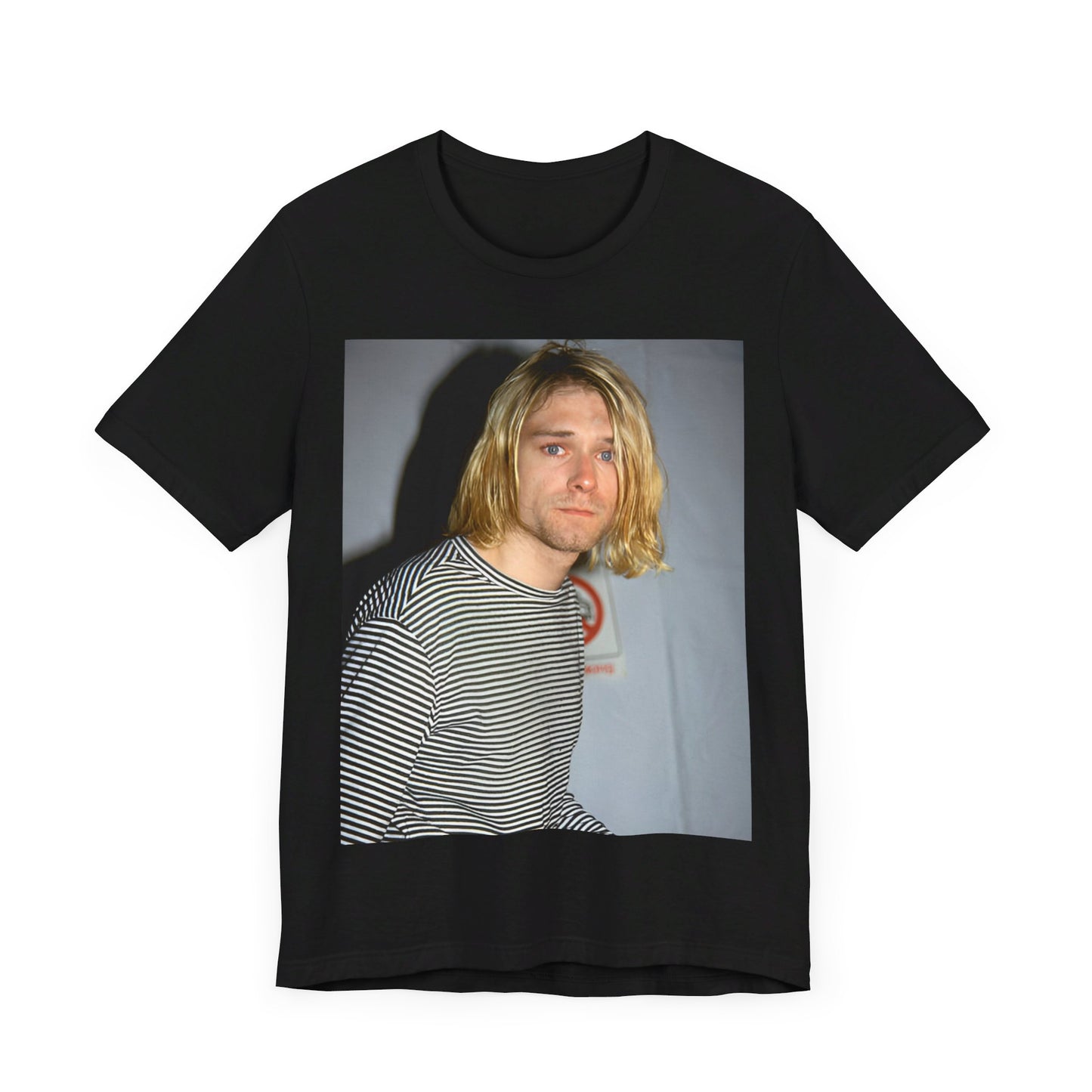A black graphic t-shirt featuring a 90s photo portrait of Kurt Cobain from Nirvana.