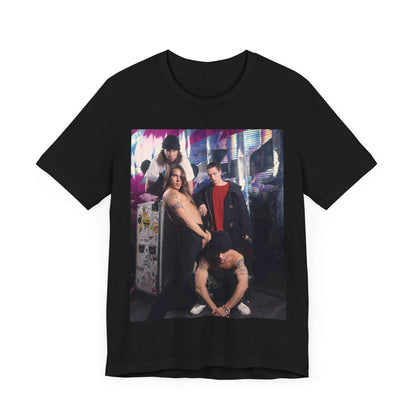A black graphic t-shirt featuring a 90s alt-rock aesthetic graphic of Red Hot Chili Peppers.