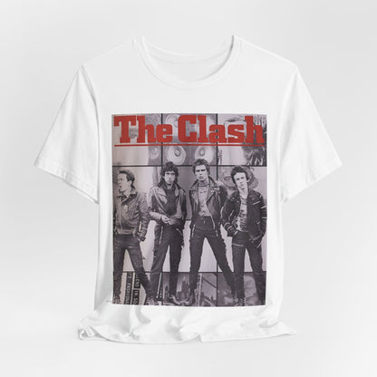 A black graphic t-shirt featuring a 70s retro punk superstar graphic of The Clash.