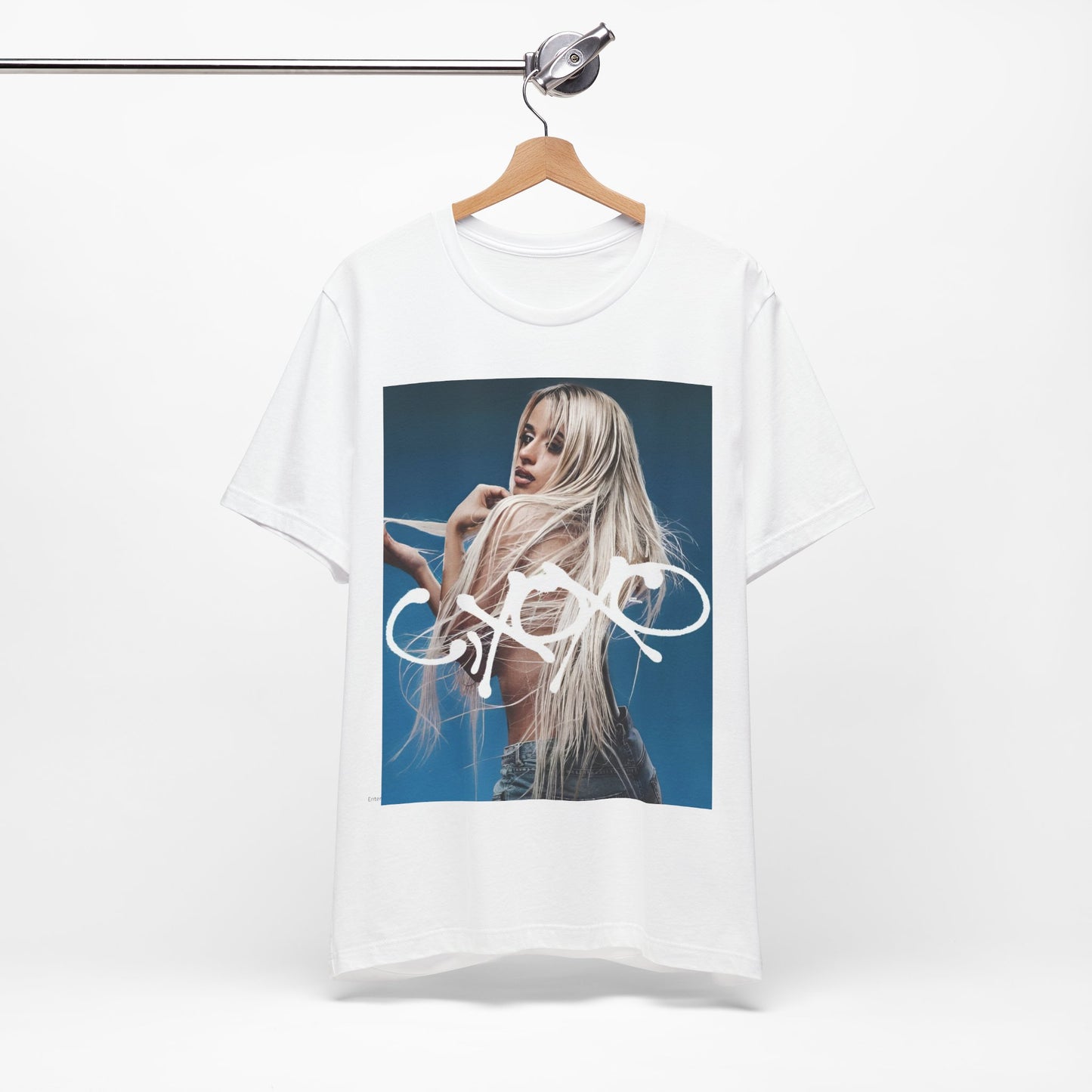 A black graphic t-shirt featuring a graphic related to Camila Cabello's C,XOXO album.