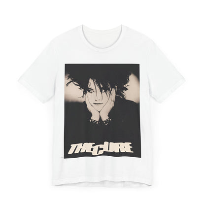 A black graphic t-shirt featuring a graphic of The Cure with cool new wave vibes.
