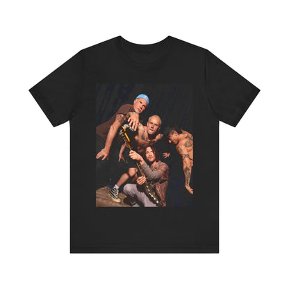 A black graphic t-shirt featuring a psychedelic vibes graphic related to Red Hot Chili Peppers.