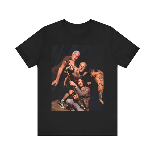 A black graphic t-shirt featuring a psychedelic vibes graphic related to Red Hot Chili Peppers.