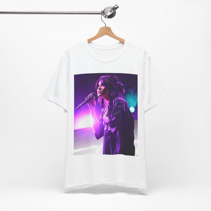 A black graphic t-shirt featuring a graphic or photo of Nessa Barrett performing live on stage.