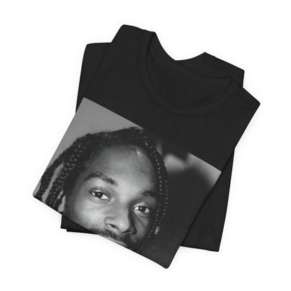 A black graphic t-shirt featuring a modern rap essential graphic of Snoop Dogg.