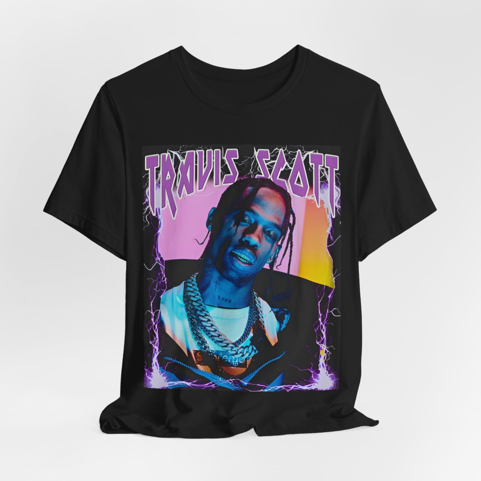 A black graphic t-shirt featuring a retro bootleg graphic of Travis Scott.