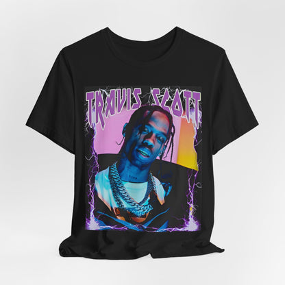 A black graphic t-shirt featuring a retro bootleg graphic of Travis Scott.