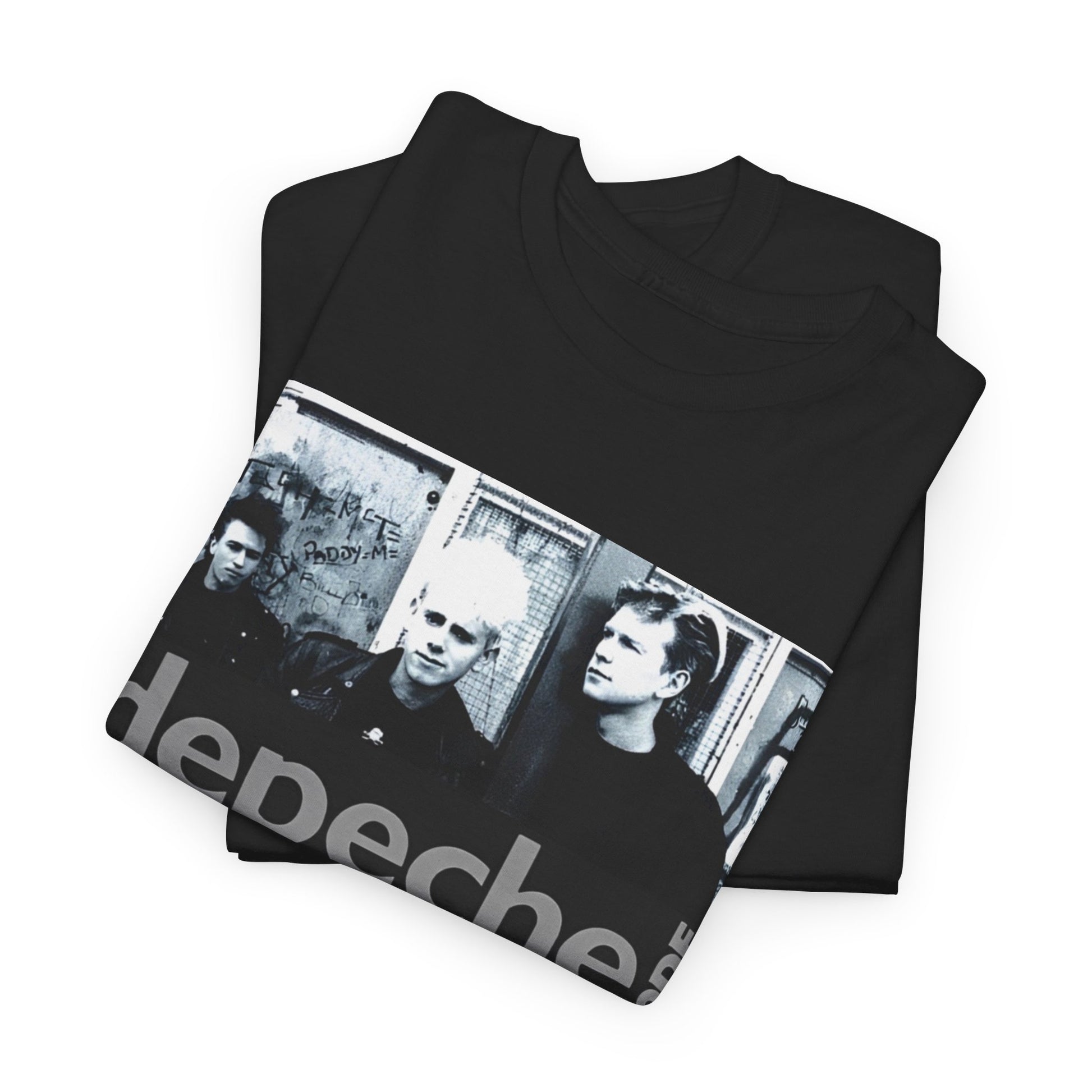 A black graphic t-shirt featuring a black and white photo portrait of the band Depeche Mode.