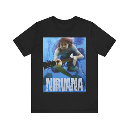 A black graphic t-shirt featuring a bold graphic related to Nirvana's 'Lithium' song or era.
