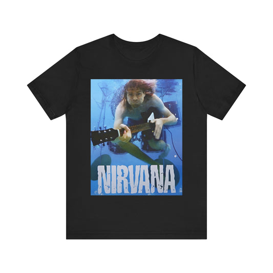A black graphic t-shirt featuring a bold graphic related to Nirvana's 'Lithium' song or era.
