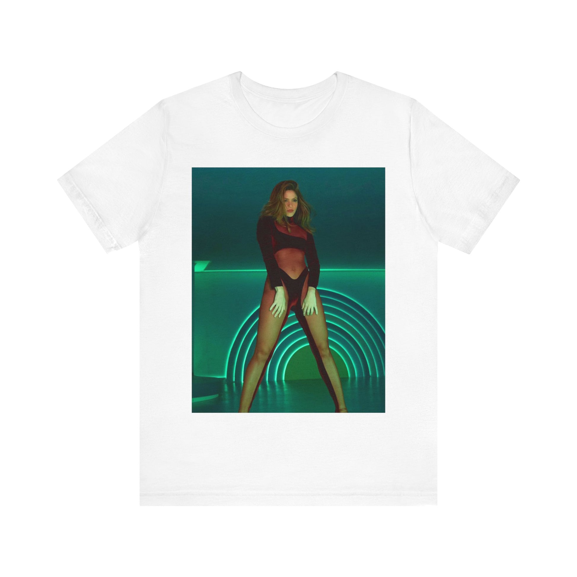 A black graphic t-shirt featuring a graphic of Shakira as the Queen of the Dance Floor.