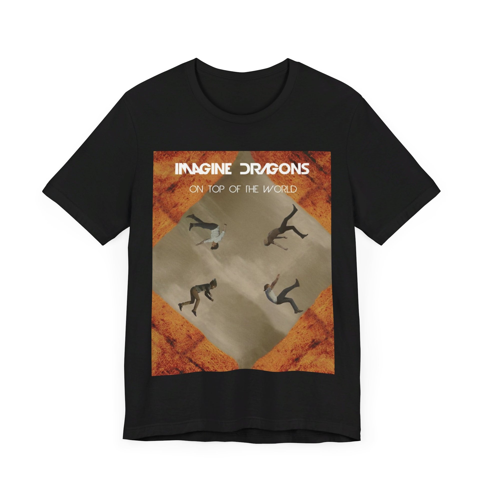 A black graphic t-shirt featuring a graphic related to Imagine Dragons' 'On Top of The World' song.