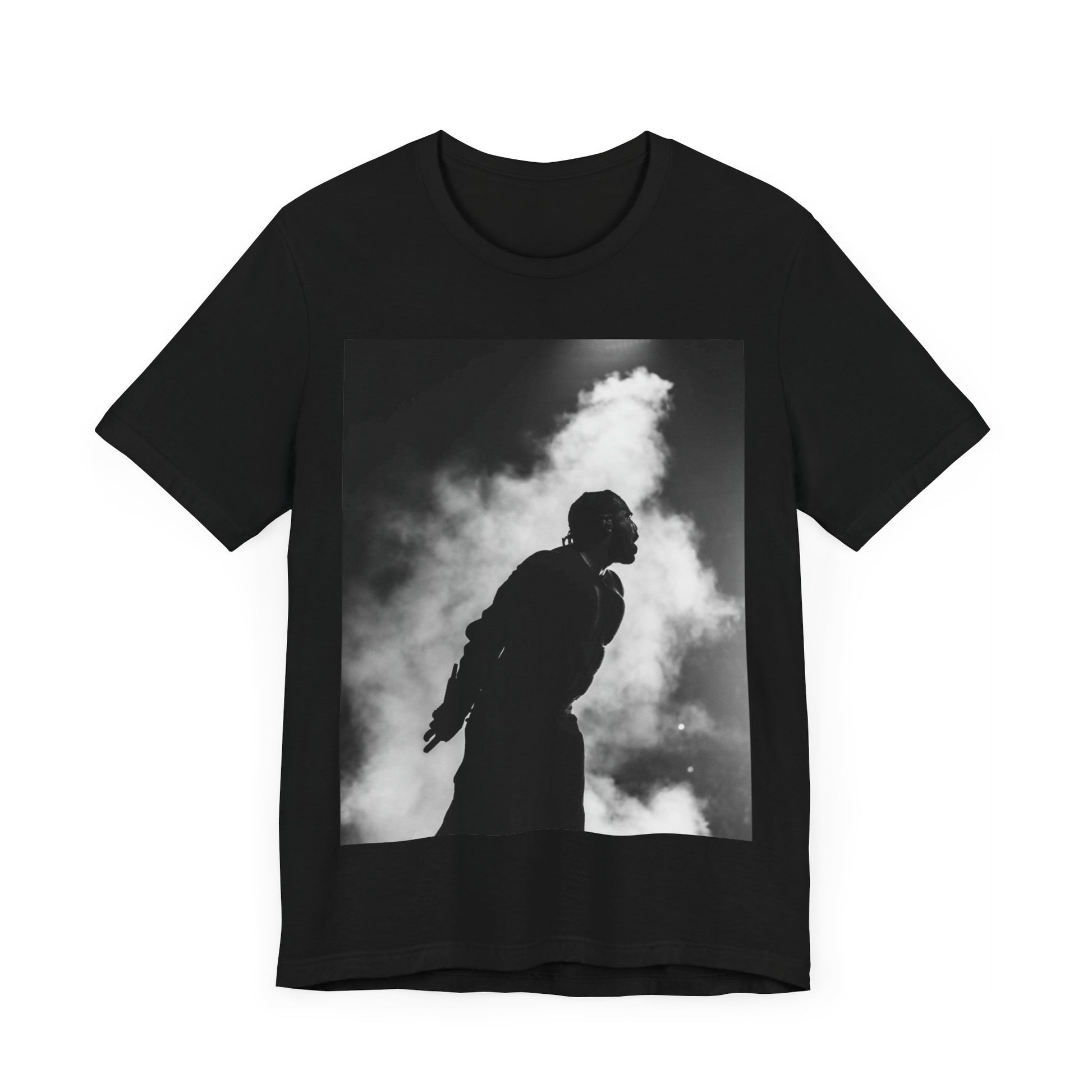 A black graphic t-shirt featuring a timeless black and white graphic or photo portrait of Drake.