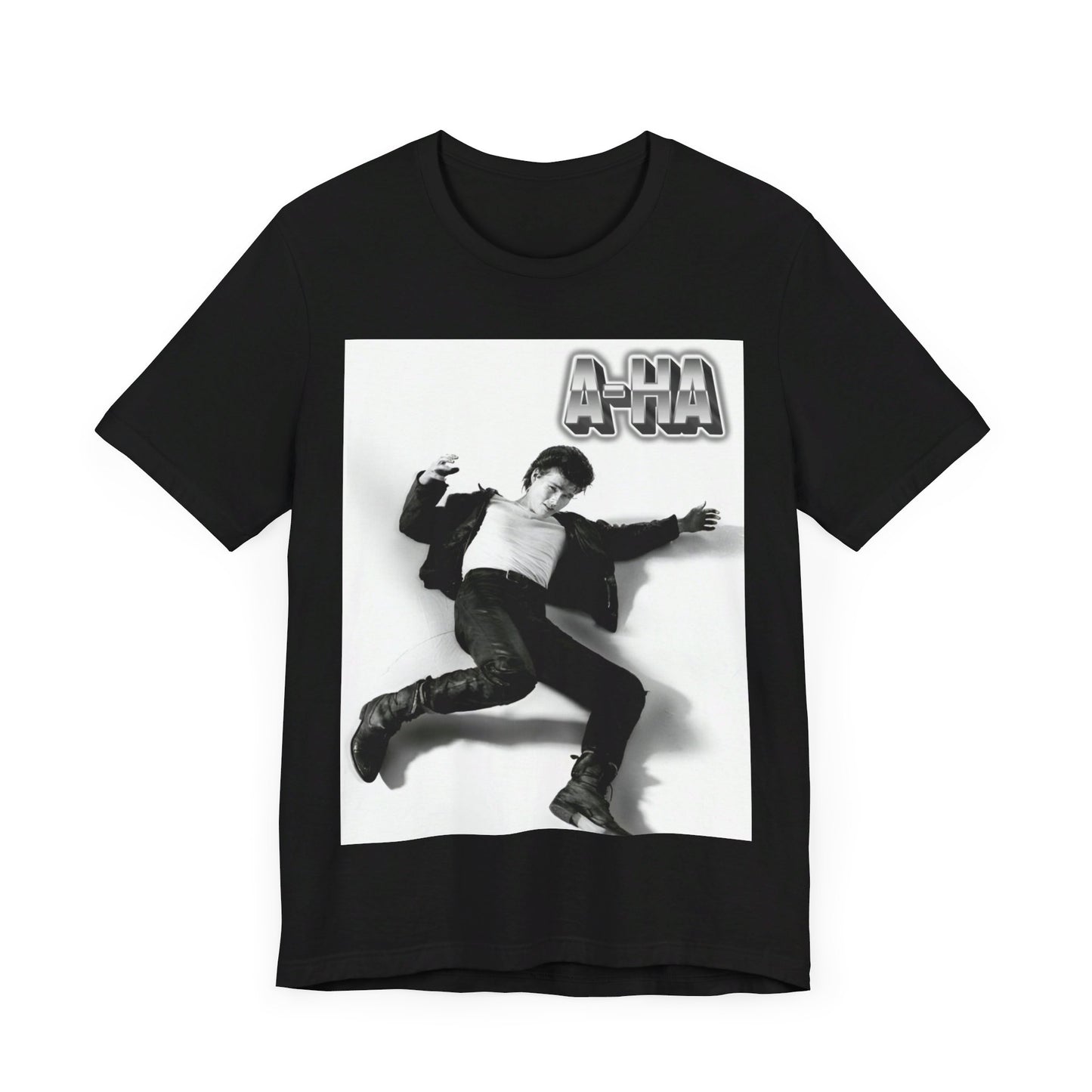 A black graphic t-shirt featuring a photo of the band A-HA, styled to evoke their "Take On Me" music video from the 1980s.n.