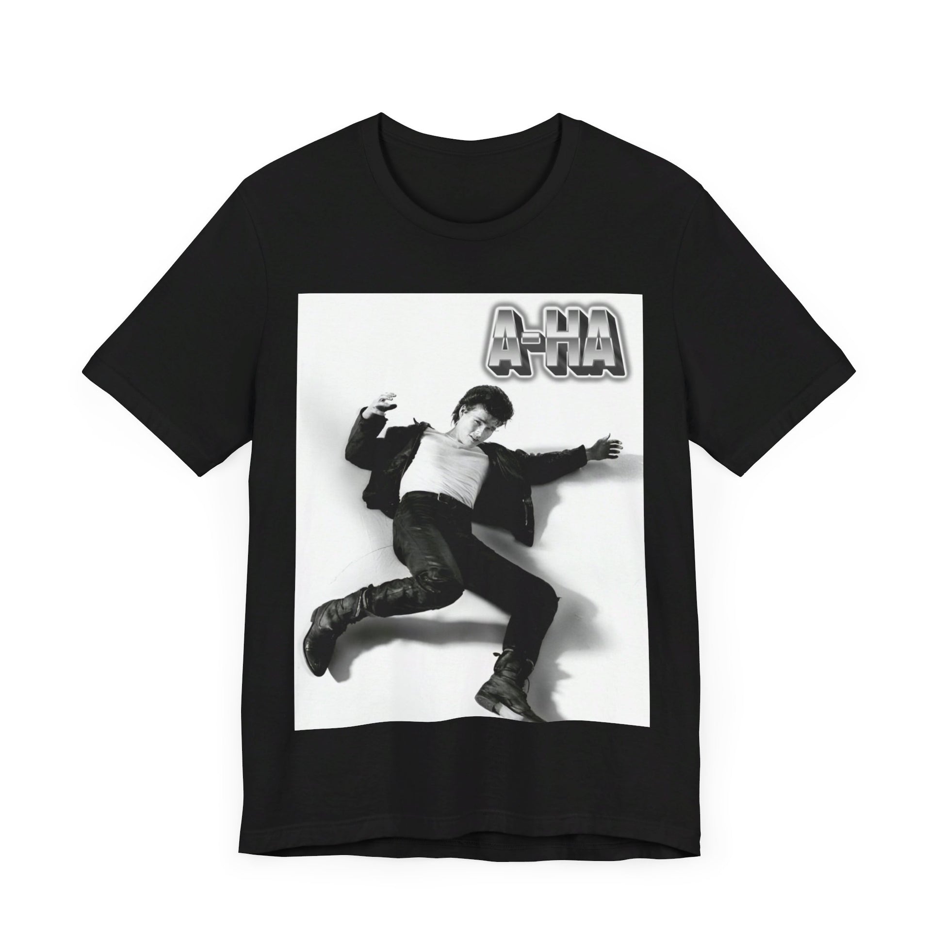 A black graphic t-shirt featuring a photo of the band A-HA, styled to evoke their "Take On Me" music video from the 1980s.n.