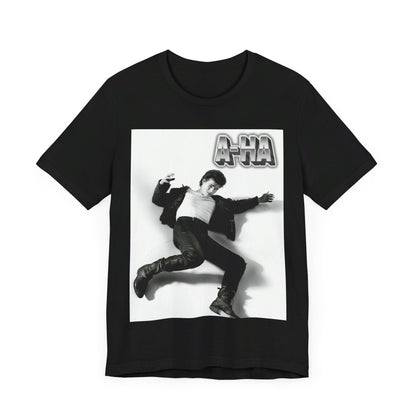 A black graphic t-shirt featuring a photo of the band A-HA, styled to evoke their "Take On Me" music video from the 1980s.n.