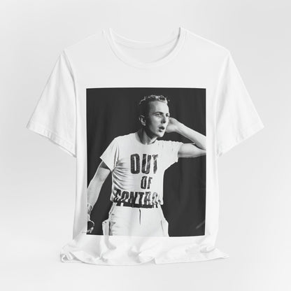 A black graphic t-shirt featuring a black and white graphic or photo portrait of Joe Strummer from The Clash.