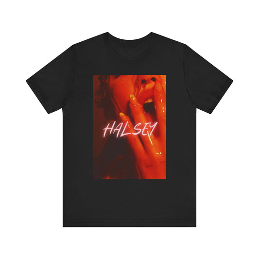 A black graphic t-shirt featuring a retro graphic related to Halsey's 'Without Me' song or era.