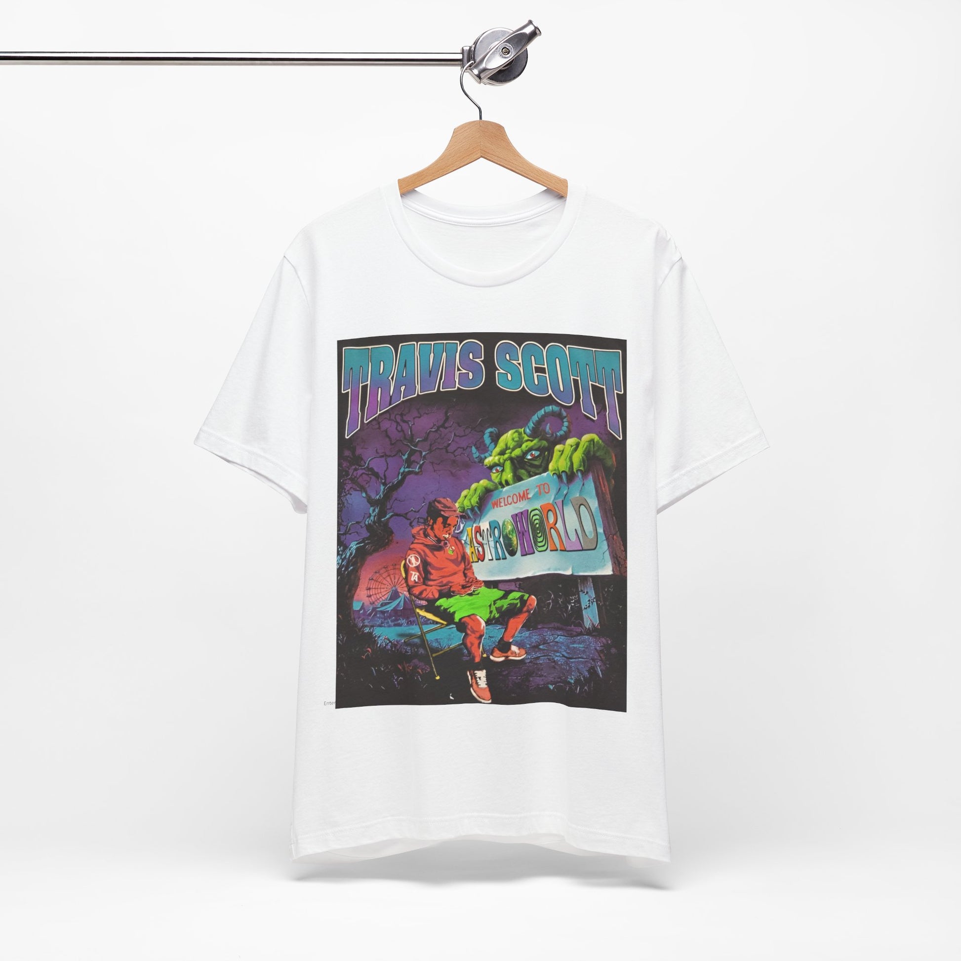 A black graphic t-shirt featuring a vintage graphic related to Travis Scott's Astroworld album.