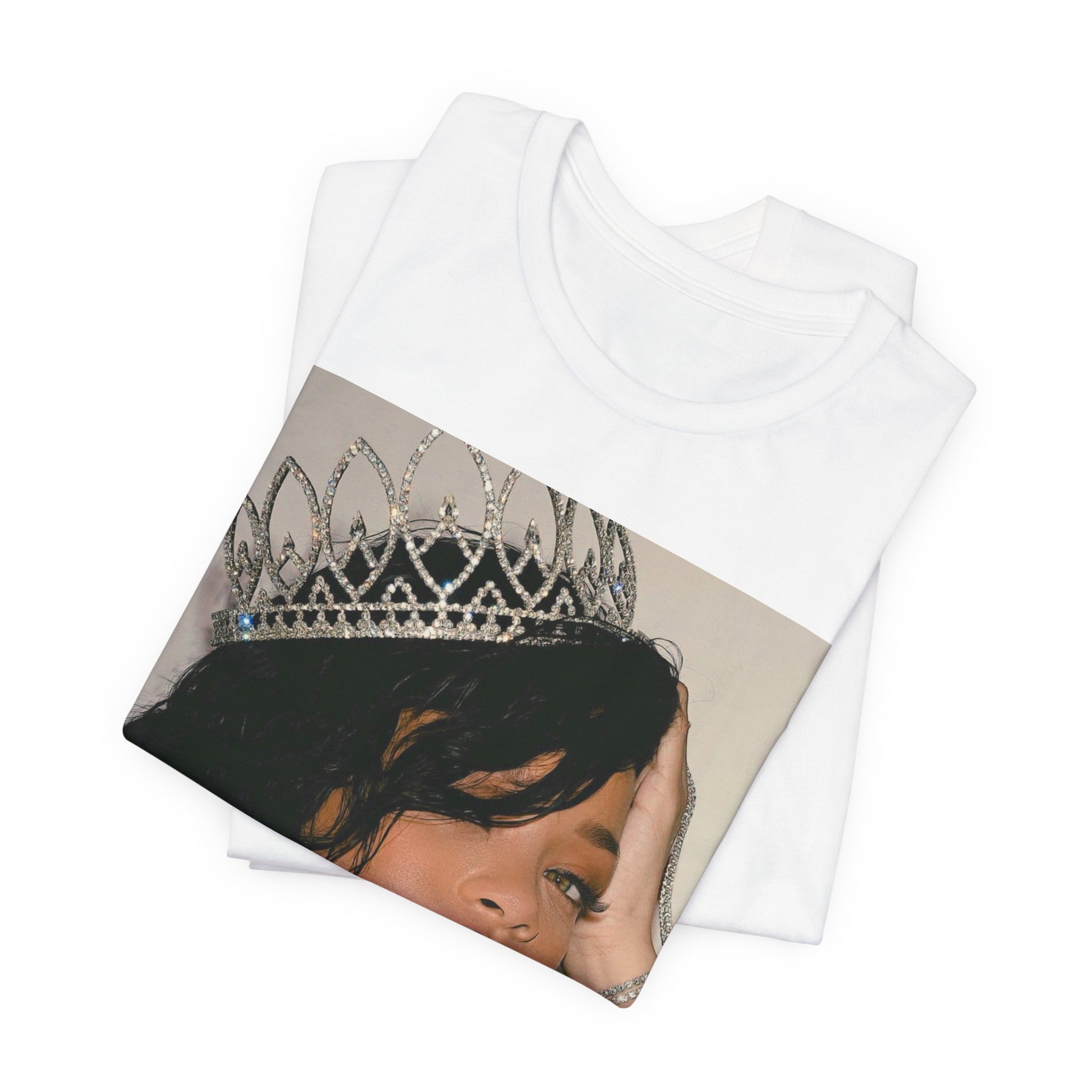 A black graphic t-shirt featuring a Y2K pop aesthetic graphic of Rihanna.