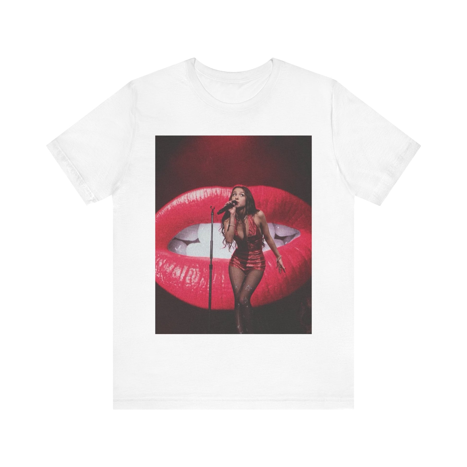 A black graphic t-shirt featuring a graphic or photo of Olivia Rodrigo performing live.
