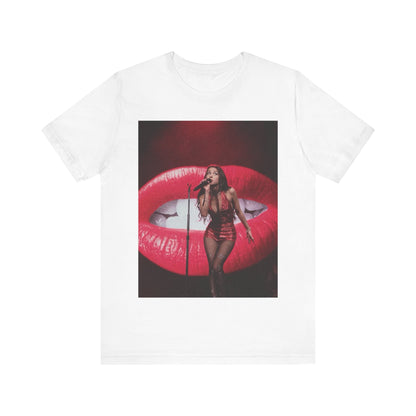 A black graphic t-shirt featuring a graphic or photo of Olivia Rodrigo performing live.