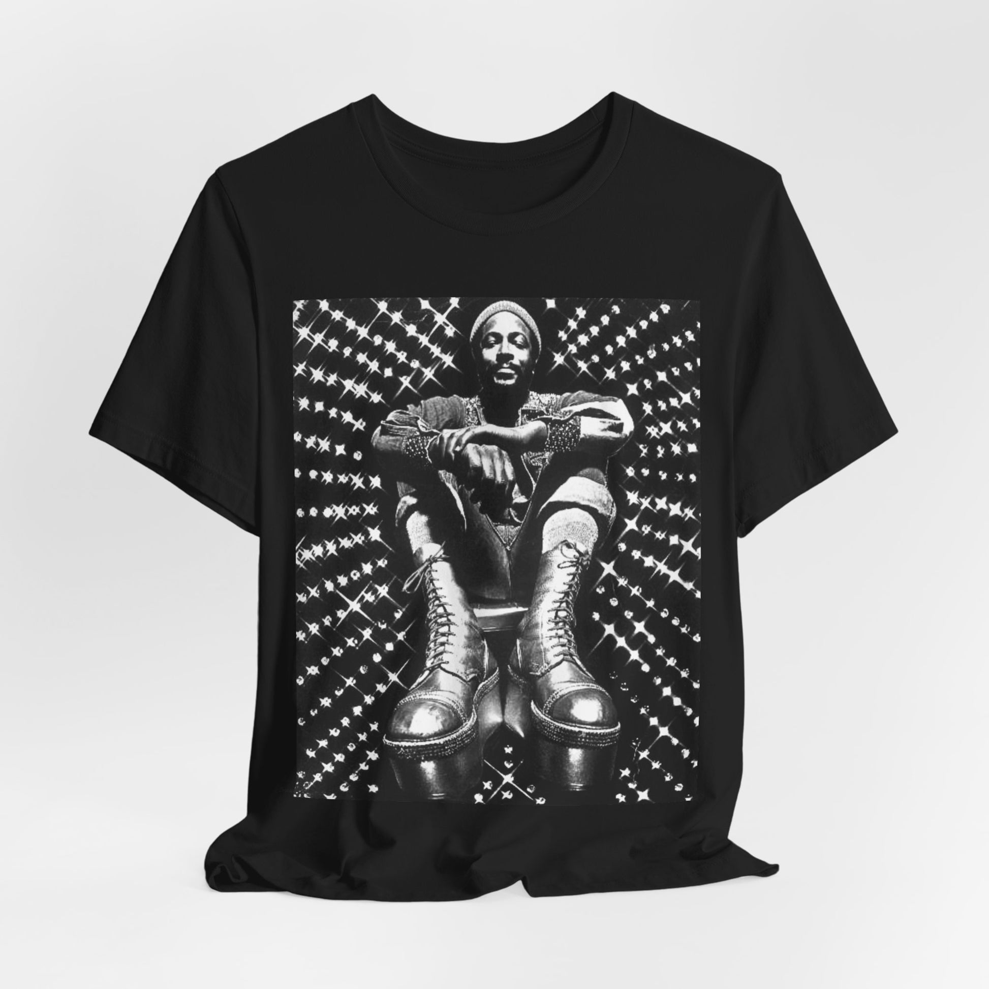 A black graphic t-shirt featuring a black and white vintage soul icon graphic of Marvin Gaye.