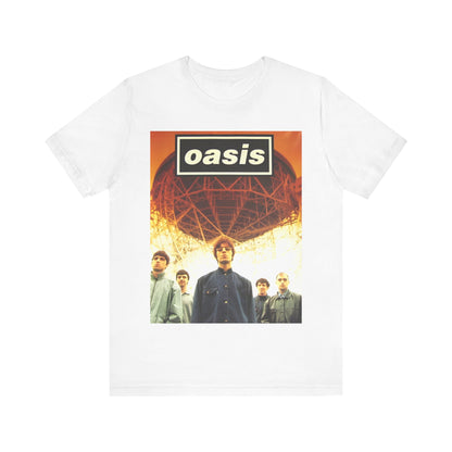 A black graphic t-shirt featuring a 90s vintage Britpop icon graphic of Oasis.