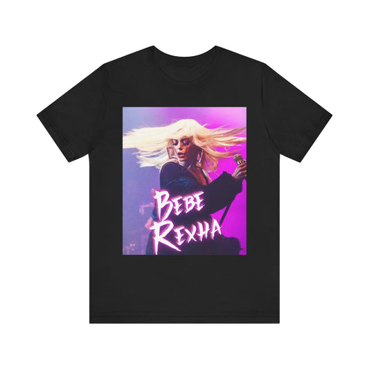 A black graphic t-shirt featuring a dynamic graphic or photo of Bebe Rexha performing live in concert.