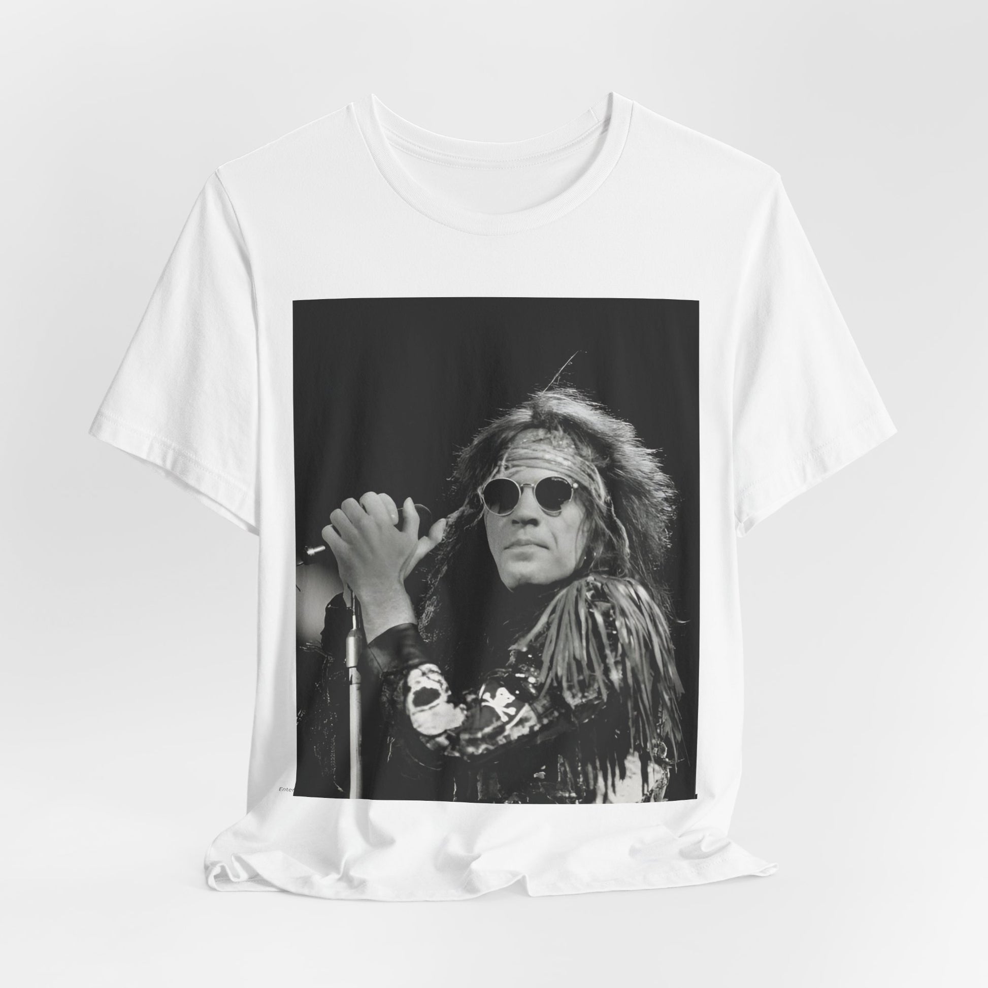 A black graphic t-shirt featuring a vintage graphic related to Bon Jovi's '94 era or "Glory Days".