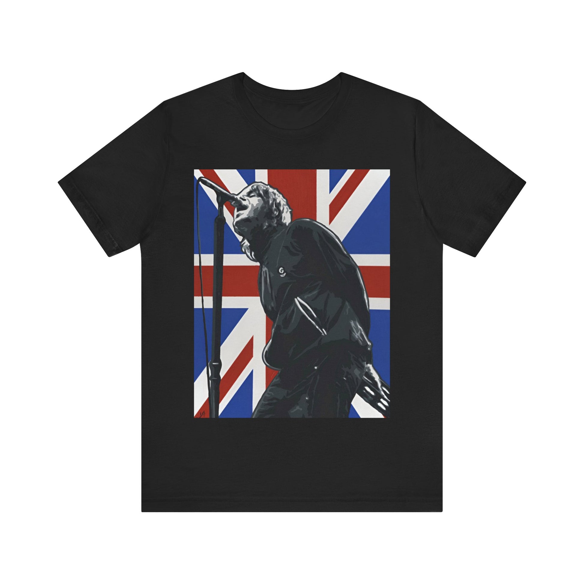A black graphic t-shirt featuring a graphic of Oasis with timeless Britpop vibes.