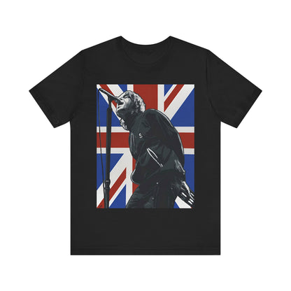 A black graphic t-shirt featuring a graphic of Oasis with timeless Britpop vibes.