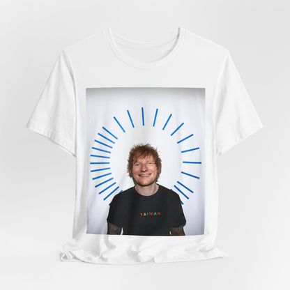 A black graphic t-shirt featuring a classic photo portrait of Ed Sheeran in a folk-pop style.