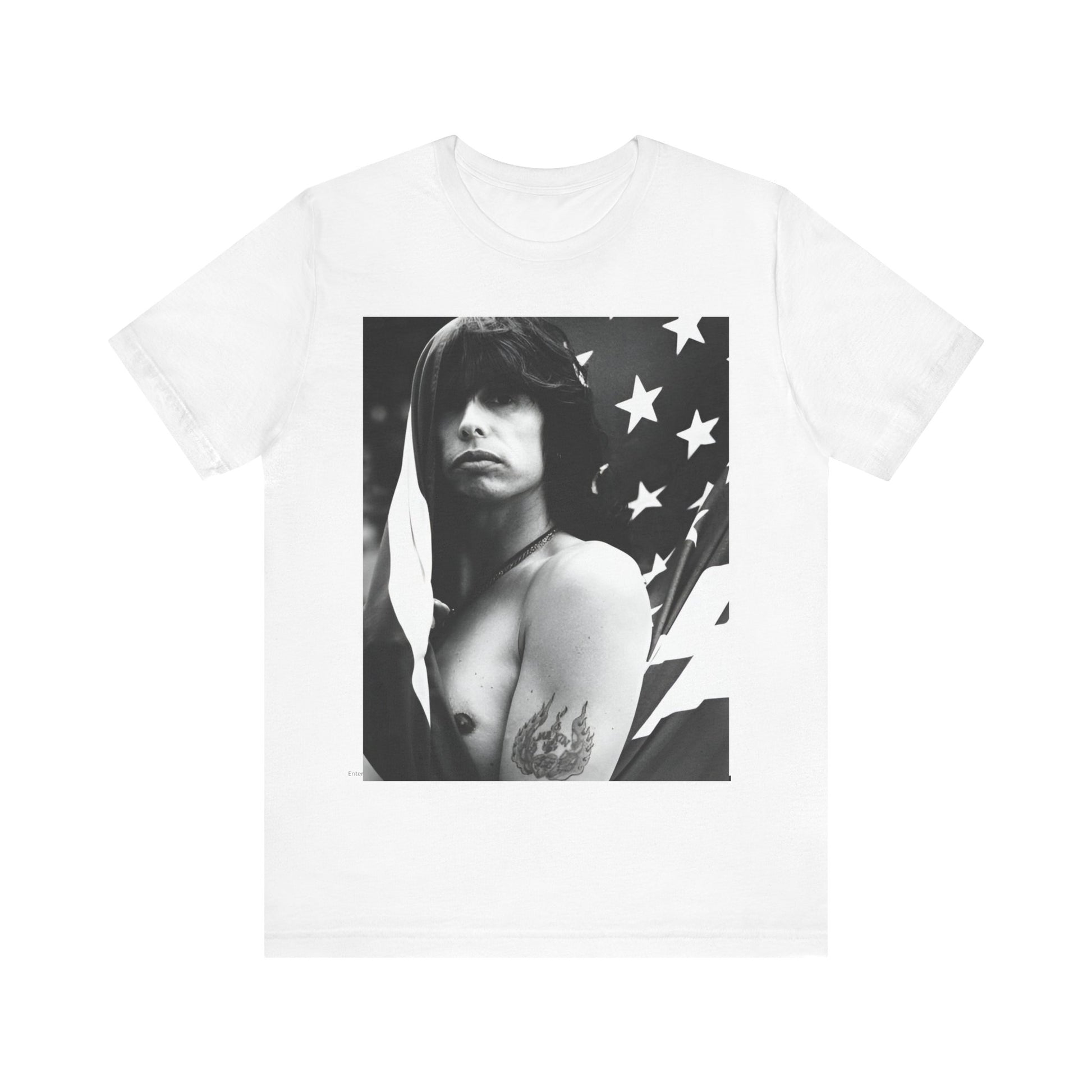 A black graphic t-shirt featuring a retro 70s-style illustration or photo of Aerosmith, integrated with elements of the American flag.