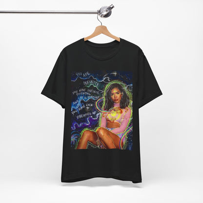 A black graphic t-shirt featuring a bold graphic of Jhene Aiko as an R&B superstar.