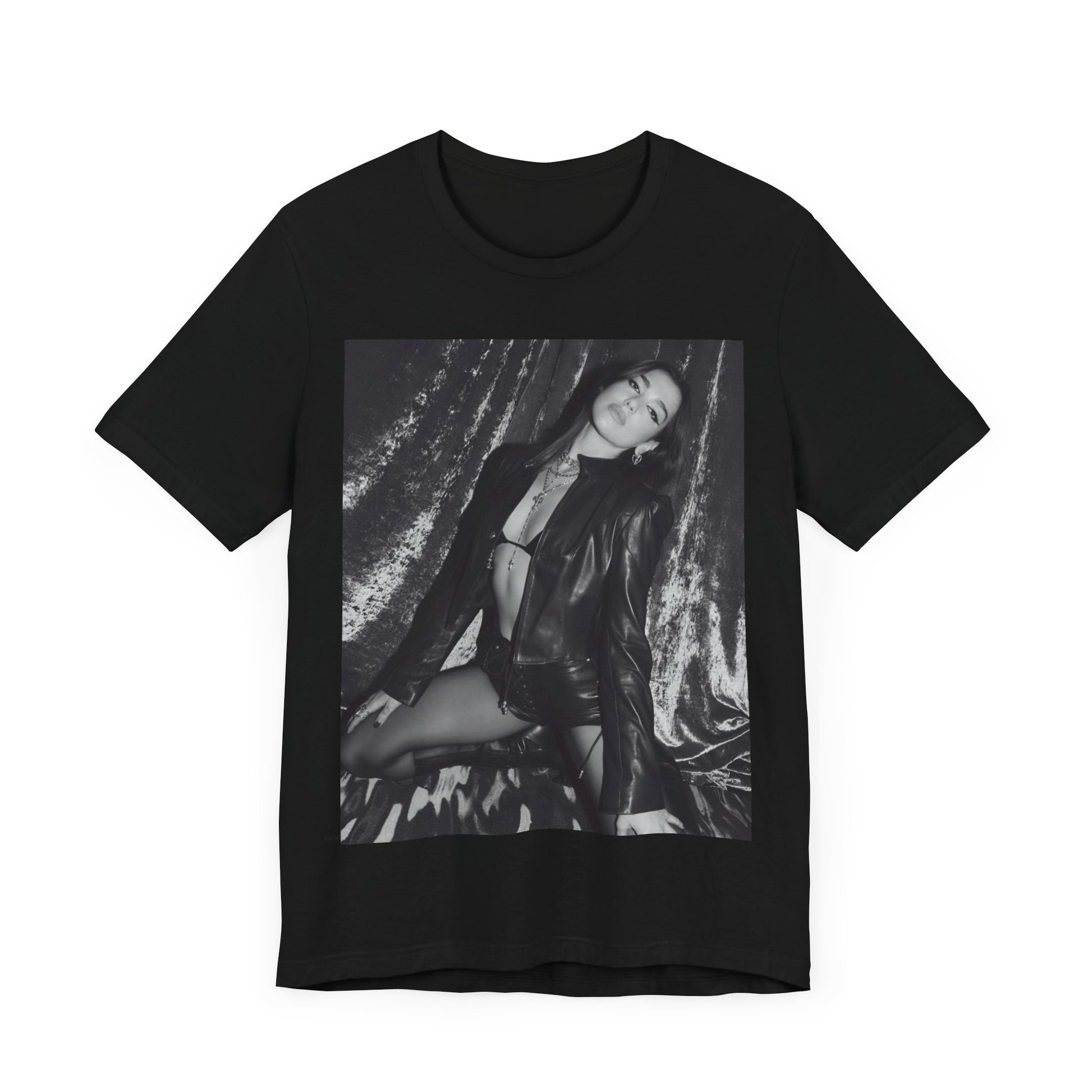 A black graphic t-shirt featuring a black and white portrait photo of Dua Lipa.