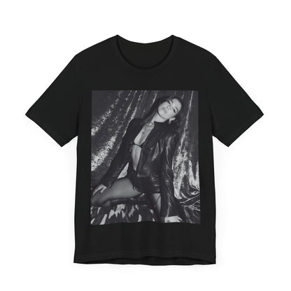 A black graphic t-shirt featuring a black and white portrait photo of Dua Lipa.