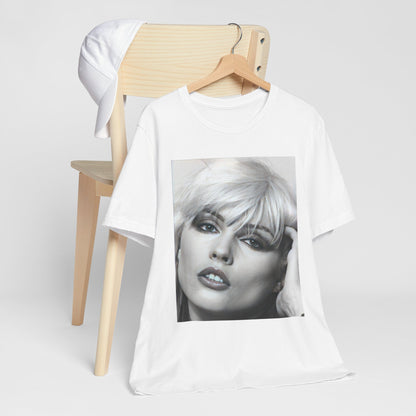 A black graphic t-shirt featuring an iconic black and white portrait photo of Debbie Harry from Blondie.