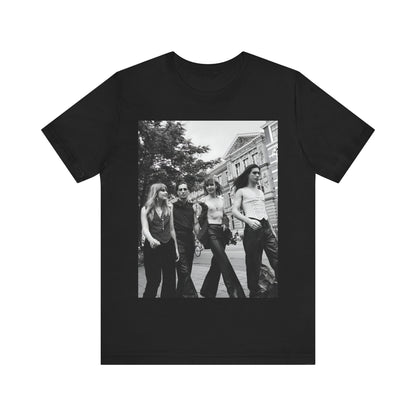 A black graphic t-shirt featuring a retro black and white monochrome graphic or photo of Maneskin.