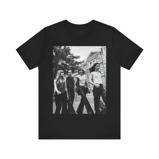 A black graphic t-shirt featuring a retro black and white monochrome graphic or photo of Maneskin.