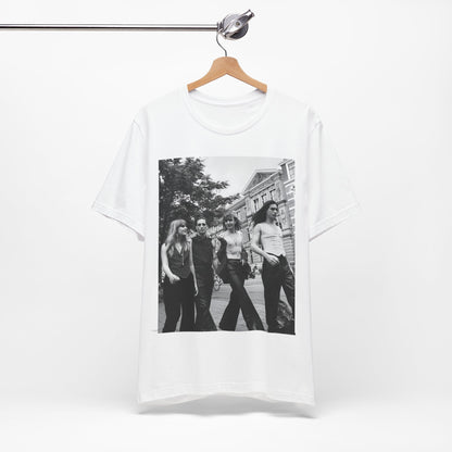 A black graphic t-shirt featuring a retro black and white monochrome graphic or photo of Maneskin.