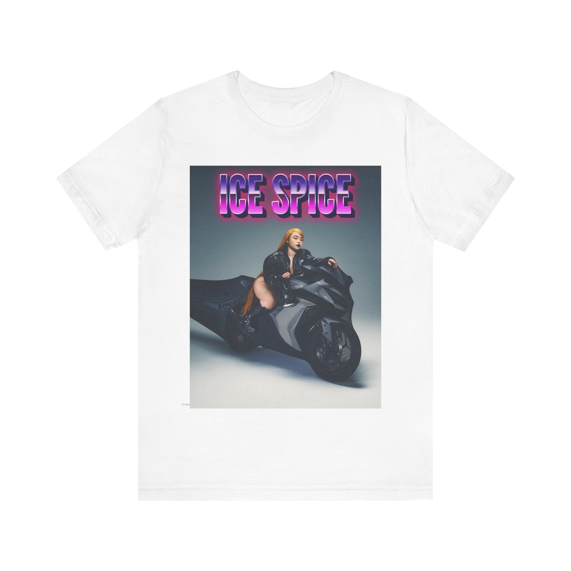 A black graphic t-shirt featuring a graphic of Ice Spice related to motorcycles or a rebellious, cool style.