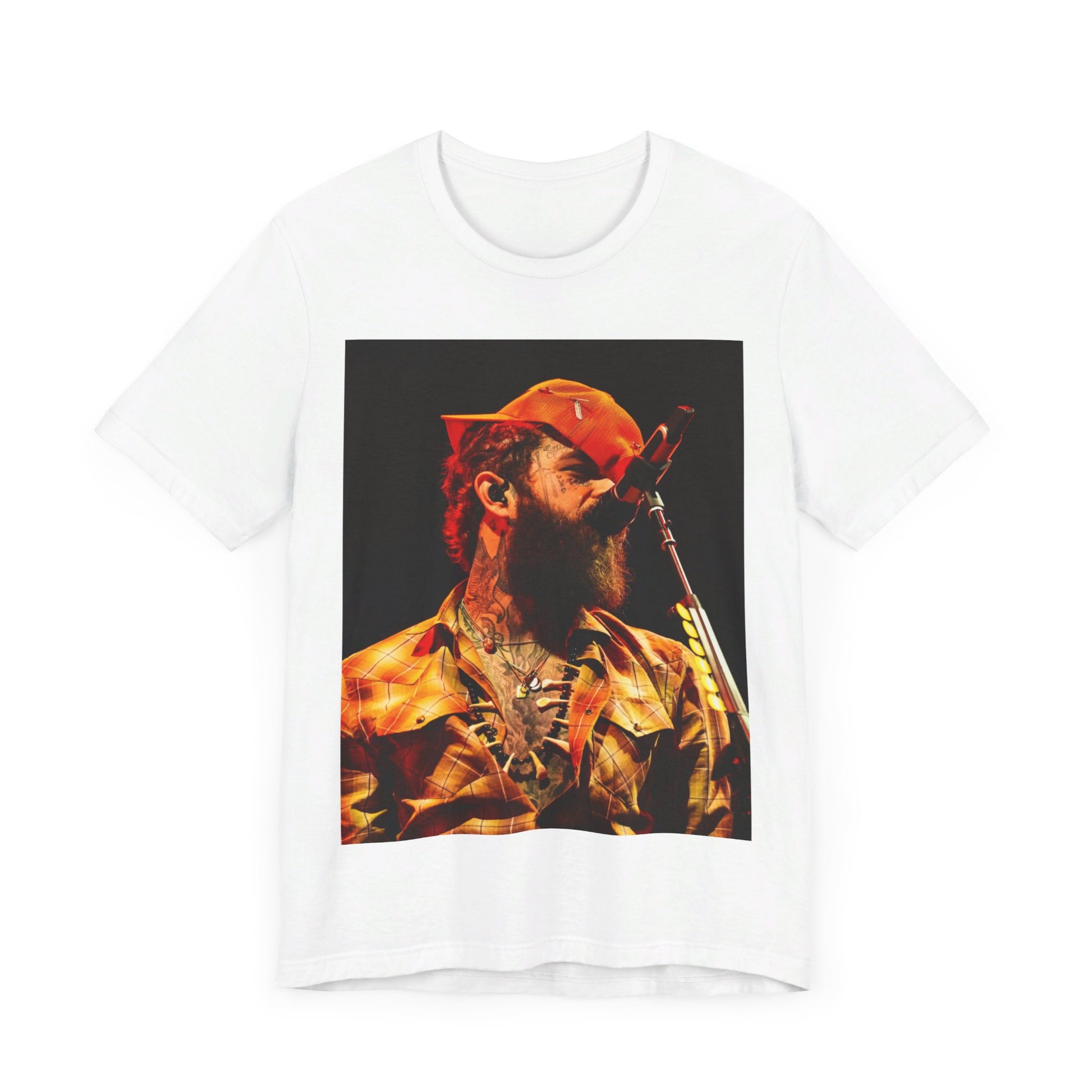 A black graphic t-shirt featuring a graphic or photo of Post Malone performing live on stage.