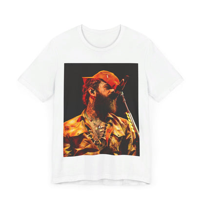 A black graphic t-shirt featuring a graphic or photo of Post Malone performing live on stage.