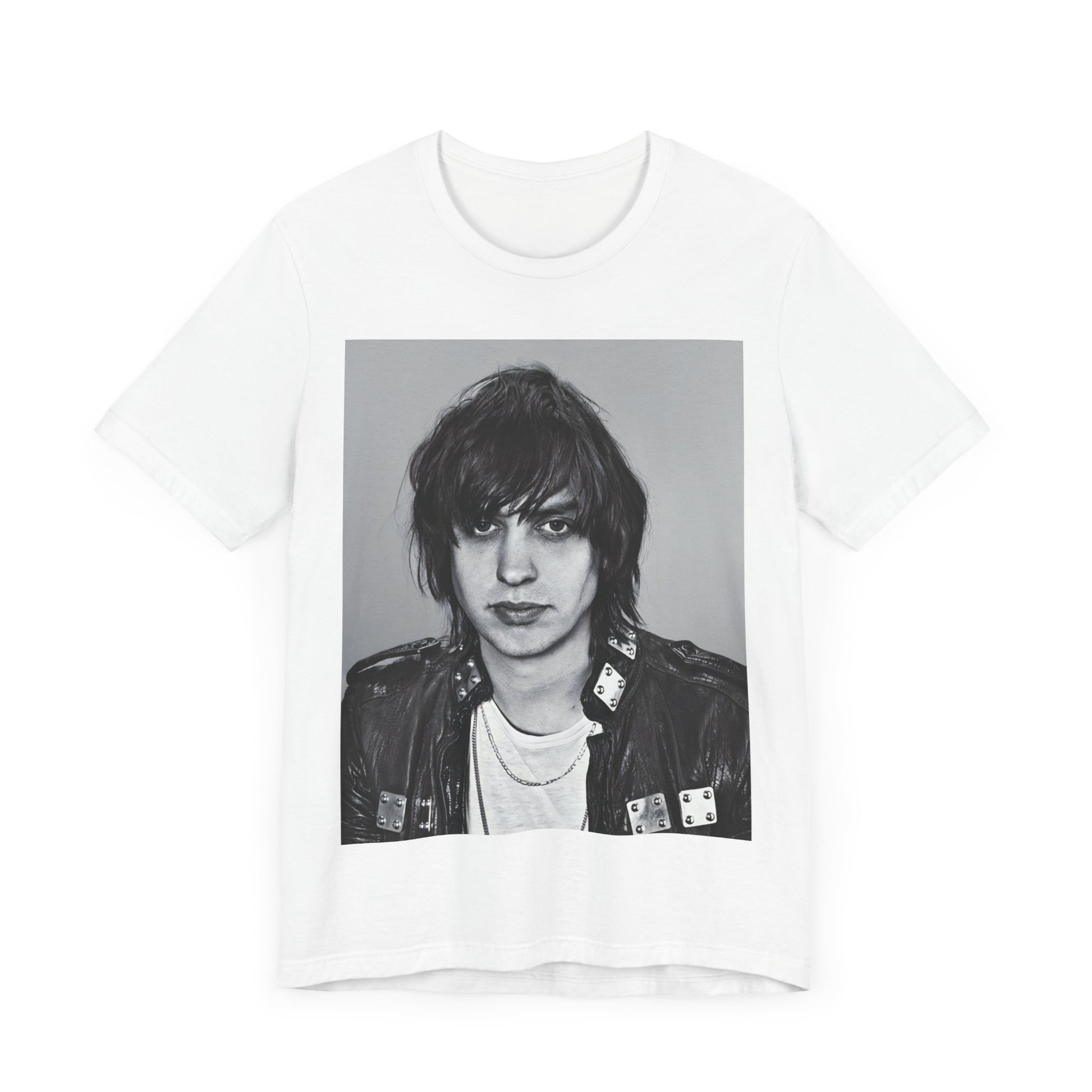 A black graphic t-shirt featuring a portrait photo of Julian Casablancas from The Strokes.