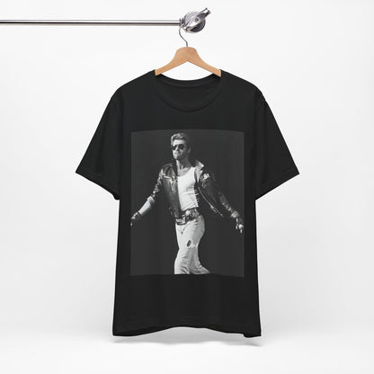 A black graphic t-shirt featuring a retro black and white monochrome graphic or photo of George Michael.