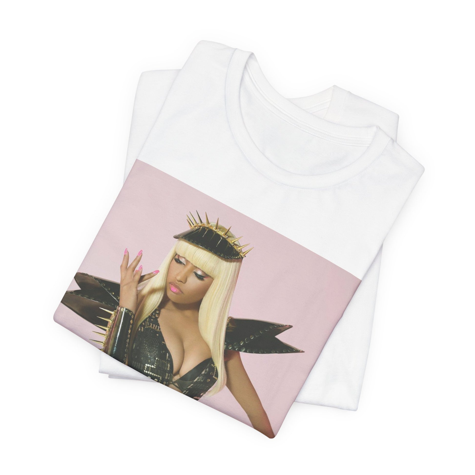 A black graphic t-shirt featuring a high fashion street vibe graphic of Nicki Minaj.
